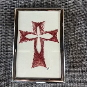 Handmade Red String Art Cross Framed Religious Wall Decor Signed MK 4"x‎ 6"